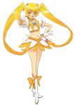  boots cure_sunshine food fruit hand_on_hip heartcatch_precure! high_heels hips long_hair magical_girl myoudouin_itsuki navel nishieda open_mouth orange orange_eyes orange_hair precure shoes simple_background solo standing twintails wrist_cuffs 