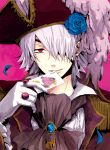 blue_rose card card_in_mouth earrings flower gloves hair_over_one_eye hamayoshi hat holding holding_card jewelry male mouth_hold pandora_hearts red_eyes ring rose solo white_hair xerxes_break 
