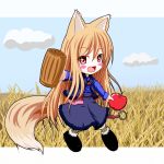  animal_ears apple blush brown_hair chibi dress fang food fruit holo horo long_hair open_mouth pouch red_eyes retishia solo spice_and_wolf tail wheat wolf_ears wolf_tail 
