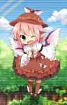  animal_ears blue_sky blush brown_dress brown_eyes chibi cloud clouds dress ear_piercing earrings fang forest hand_on_own_chest hand_to_chest hat highres jewelry mystia_lorelei nature open_mouth piercing pink_hair sky solo touhou wings wink yamabuki_(yusuraume) 