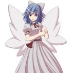  blue_eyes blue_hair bow clenched_hand dress fist hair_bow mai_(touhou) pink_dress s-syogo smirk solo touhou touhou_(pc-98) wings witch 