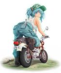  alternate_costume ao_usagi ass baggy_clothes bare_shoulders bent_over blue_eyes blue_hair boots breasts contemporary gloves hair_bobbles hair_ornament kawashiro_nitori key large_breasts looking_back motor_vehicle motorcycle no_bra overalls screwdriver short_hair sideboob smile solo tank_top touhou twintails vehicle wrench 