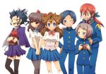  3girls blue_eyes blue_hair blush bow bracelet brown_eyes brown_hair camera cloak crossed_arms gakuran genderswap hair_ribbon inazuma_eleven inazuma_eleven_(series) inazuma_eleven_go jewelry long_hair maron_(quintet_colors) matsukaze_tenma multiple_boys multiple_girls open_mouth pantyhose ponytail purple_eyes ribbon school_uniform seto_midori shindou_takuto short_hair skirt sorano_aoi spiked_bracelet spikes tsurugi_kyousuke violet_eyes wink yamana_akane yellow_eyes 