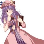  blush book crescent dirty dress hat long_hair midriff open_mouth patchouli_knowledge pink_dress purple_eyes purple_hair s-syogo solo tears torn_clothes touhou violet_eyes wink 