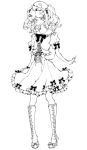  :&gt; boots bow embellished_costume frills hat kawashiro_nitori key lineart miri monochrome no_nose ribbon short_sleeves short_twintails simple_background solo standing touhou twintails white_background 