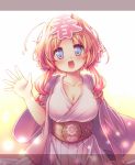  blonde_hair blue_eyes blush breasts cleavage collarbone drill_hair flower hair_flower hair_ornament happy haru-chan japanese_clothes kibushi kimono large_breasts long_hair nippon_housou_kyoukai open_mouth simple_background solo twin_drills waving wavy_hair 