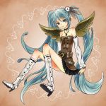 aqua_eyes aqua_hair bare_shoulders boots choker detached_sleeves full_body hatsune_miku jewelry knee_boots long_hair mechanical_wings necklace puzzle157xxx sitting skirt smile solo steampunk twintails very_long_hair vocaloid wings 