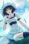  dress green_eyes hat highres maichaso open_mouth shiina_mayuri short_hair shorts sitting smile solo steins;gate wariza 