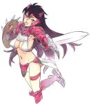  black_hair breasts copyright_request gauntlets long_hair navel nishieda open_mouth red_eyes shield simple_background sketch solo spurs sword thigh_strap weapon 