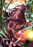  bamboo blurry branch brown_eyes brown_hair depth_of_field full_moon grin head_tilt highres houraisan_kaguya japanese_clothes jeweled_branch_of_hourai karlwolf long_hair looking_back moon red_eyes smile solo touhou very_long_hair wide_sleeves 