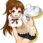  brown_hair drink long_hair open_mouth pennel ponytail ribbon skirt smile solo taneshima_popura tray waitress working!! 