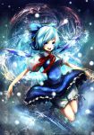  1girl bloomers blue_eyes blue_hair bow cirno dress flying gradient gradient_background hair_bow highres legs_up light_trail looking_at_viewer okakingyo open_mouth outstretched_arms puffy_short_sleeves puffy_sleeves ribbon short_hair short_sleeves solo spread_arms touhou underwear wind_lift wings 