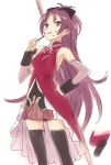  black_legwear blush bow hair_bow hand_on_hip hips long_hair mahou_shoujo_madoka_magica nishieda pocky polearm ponytail red_eyes red_hair redhead sakura_kyouko simple_background solo thigh-highs thighhighs weapon zettai_ryouiki 