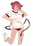  gym_uniform hairband hand_on_hip hips horns nishieda open_mouth red_eyes red_hair redhead short_hair simple_background sketch solo tail tan 