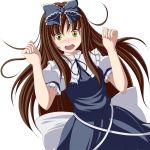  arms_up blue_dress blush bow brown_hair dress hair_bow long_hair no_wings open_mouth s-syogo solo star_sapphire sweatdrop touhou yellow_eyes 