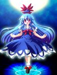  blue_hair breasts cleavage floating geogeo hat kamishirasawa_keine moon outstretched_arms purple_eyes reflection solo spread_arms touhou violet_eyes 