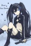  absurdres bad_id black_hair black_rock_shooter black_rock_shooter_(character) blue_eyes boots flat_chest glowing glowing_eyes highres jl katana long_hair shorts simple_background sitting solo star sword twintails weapon 