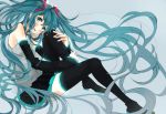  aqua_eyes aqua_hair blush boots detached_sleeves fly_333 full_body hatsune_miku leg_hug long_hair open_mouth simple_background sitting skirt solo thigh-highs thigh_boots thighhighs twintails very_long_hair vocaloid 
