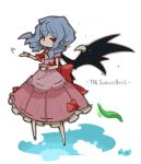  absurdres arai_seiryuu ascot bat_wings black_wings blue_hair bow chibi claws dress english highres leaf long_hair no_hat no_headwear red_eyes remilia_scarlet simple_background smile solo standing touhou wings wrist_cuffs 
