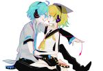  :p ahoge aqua_eyes aqua_hair blonde_hair detached_sleeves genderswap hair_ornament hair_ribbon hairclip hako_(swimjelly) hatsune_mikuo headphones kagamine_rin open_mouth ribbon short_hair sitting smile tongue vocaloid 