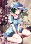  breasts cross-laced_footwear dress gears green_eyes green_hair hat lilita_(lilichi) shiina_mayuri short_hair sitting solo steins;gate v_arms wariza 