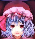  bow colored_eyelashes face haoto_00 hat hat_bow lips purple_hair red_eyes remilia_scarlet short_hair solo touhou 