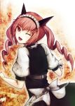  ;d cofi_(eternal) drill_hair eternal fang faris_nyannyan from_behind looking_back maid_headdress open_mouth pink_eyes pink_hair smile solo steins;gate twin_drills twintails wink 