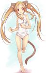  :o barefoot blonde_hair cat_ears cat_tail catgirl female flat_chest long_hair open_mouth original red_eyes running school_swimsuit solo swimsuit tail twintails white_school_swimsuit yumesato_makura 