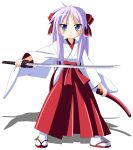  highres hiiragi_kagami japanese_clothes katana long_hair lucky_star miko purple_hair rindou_(awoshakushi) sword twintails weapon 