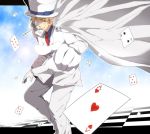  ace america_(hetalia) arm_up axis_powers_hetalia blonde_hair cape card card_in_mouth cosplay detective_conan falling_card gloves grin hat kaito_kid kaito_kid_(cosplay) leaning_forward magic_kaito male monocle mouth_hold necktie outstretched_arm pants playing_card pointing sky smile snipe-968 solo top_hat yellow_eyes 