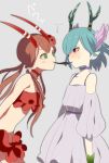  2girls antlers blue_hair blush c_(control) c_the_money_of_soul_and_possibility_control choker dress eating female flower green_eyes hair_flower hair_ornament harano head_wings horns mashu mashu_(control) midas_money money multiple_girls navel pale_skin pointy_ears q_(control) red_eyes red_hair redhead shared_food simple_background tubetop yuri 
