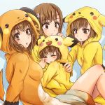  blush_stickers brown_eyes brown_hair closed_eyes cosplay costume eyes_closed hair_ornament hairpin hood hug last_order misaka_imouto misaka_mikoto misaka_worst multiple_girls osakana_(youkina_kabe) pichu pichu_(cosplay) pikachu pikachu_(cosplay) pokemon power_connection raichu raichu_(cosplay) sakasana sakasana_(kaisen_teikoku) to_aru_majutsu_no_index 