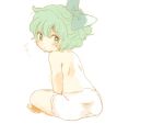  back bare_back barefoot bloomers blue_eyes blue_hair blush bow child cirno from_behind hair_bow indian_style looking_back meeko no_shirt no_wings short_hair sitting solo topless touhou underwear underwear_only 