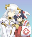  ar_tonelico ar_tonelico_i battlegaregga black_hair blush bob_cut closed_eyes commentary eyes_closed gloves gust hair_ornament head_on_shoulder head_rest highres long_hair meimei_(ar_tonelico) multiple_girls open_mouth saliva short_hair shurelia silver_hair simple_background sleeping 