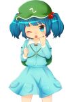  1girl akanbe backpack bag blue_eyes blue_hair chikuwa_(inanogi) clenched_hand hair_bobbles hair_ornament hand_on_own_face hat highres kawashiro_nitori key looking_at_viewer short_hair simple_background skirt skirt_set solo tongue touhou twintails white_background wink 