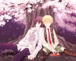  blonde_hair brown_hair cherry_blossoms closed_eyes eyes_closed gilbert_nightray iz_9 multiple_boys oz_vessalius pandora_hearts short_hair sleeping tree 