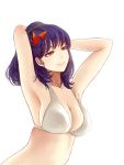  1girl armpits arms_up bikini breasts cleavage hair_ornament highres leaf purple_hair red_eyes short_hair simple_background smile solo swimsuit touhou white_background white_bikini white_swimsuit x&amp;x&amp;x yasaka_kanako 