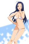  ;d a1 ahoge blue_hair breasts hand_on_hip hips idolmaster long_hair miura_azusa navel o-ring_bottom open_mouth red_eyes smile solo swimsuit wink 