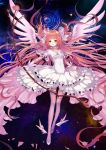  1girl bow bow_(weapon) dress feathered_wings gloves goddess_madoka hair_bow hair_ribbon kaname_madoka looking_at_viewer mahou_shoujo_madoka_magica pink_hair pink_legwear ribbon short_twintails solo soul_gem space tanotomoe twintails two_side_up weapon white_dress white_gloves wings yellow_eyes 