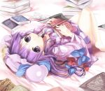  bad_id bare_legs barefoot book bookmark bow crescent double_bun dress emia hair_bow hair_bun hands_on_own_chest hands_to_chest hat long_hair lying mouth_hold object_in_mouth on_back patchouli_knowledge purple_dress purple_eyes purple_hair solo touhou upside-down violet_eyes 