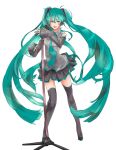  aqua_eyes aqua_hair detached_sleeves full_body hatsune_miku headphones long_hair microphone microphone_stand necktie simple_background skirt sleeves_past_wrists solo thigh-highs thighhighs twintails very_long_hair vocaloid yorih 