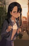  1girl :3 backpack bag black_hair black_jacket black_skirt blazer blush brown_eyes collared_shirt commentary ear_clip hair_between_eyes hair_ornament hairclip highres ijiranaide_nagatoro-san jacket junkt729 long_hair long_sleeves looking_at_viewer nagatoro_hayase open_clothes open_jacket open_mouth outdoors pleated_skirt school_uniform shirt skirt smile solo sweater_vest tan white_shirt 