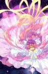  bad_id blonde_hair bow closed_eyes dress eyes_closed gloves goddess_madoka gradient_hair hair_bow juby kaname_madoka long_hair magical_girl mahou_shoujo_madoka_magica multicolored_hair pink_hair praying solo space spoilers ultimate_madoka very_long_hair white_gloves 