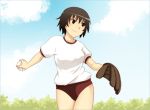  azumanga_daioh baseball_mitt black_eyes bloomers brown_hair buruma face gym_uniform kagura meago short_hair smile softball solo sport tomboy 