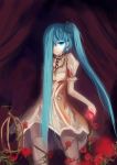  aqua_hair bird birdcage blue_eyes dress earrings flower glowing_eyes hair_over_one_eye hatsune_miku jewelry kamue long_hair ponytail rose side_ponytail solo vocaloid 