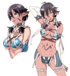  aqua_eyes black_hair breasts cleavage copyright_request elbow_gloves elf face_paint facial_mark fingerless_gloves gloves green_eyes jewelry loincloth navel necklace nishieda pointy_ears purple_hair simple_background tan thigh_strap tribal 