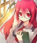  (21)suke :/ absurdres adjusting_glasses bad_hands bad_id bat_wings bespectacled book bookmark casual dress_shirt erect_nipples female fingernails german glasses head_wings highres koakuma long_fingernails long_hair mihatarou necktie paper pencil red_eyes red_hair redhead shirt solo text the_embodiment_of_scarlet_devil touhou translated vest window wings 