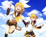  1girl :d blonde_hair blue_eyes brother_and_sister closed_eyes cloud hair_ornament hair_ribbon hairclip happy hirococo hirococo_(hakka) holding_hands kagamine_len kagamine_rin midriff navel open_mouth ribbon running short_hair shorts siblings sky smile thighs twins vocaloid 