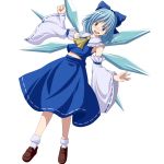  blue_dress blue_eyes blue_hair blush bow cirno cosplay detached_sleeves dress hair_bow hakurei_reimu hakurei_reimu_(cosplay) long_sleeves midriff miko navel open_mouth s-syogo simple_background smile solo touhou white_background wings 