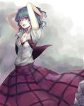  black_bra bra breasts cleavage green_hair hand_behind_head kazami_yuuka lingerie long_skirt looking_at_viewer open_clothes open_mouth open_shirt plaid plaid_skirt plaid_vest red_eyes semicolon shirt short_hair skirt skirt_set solo touhou underwear vest wind youkai 